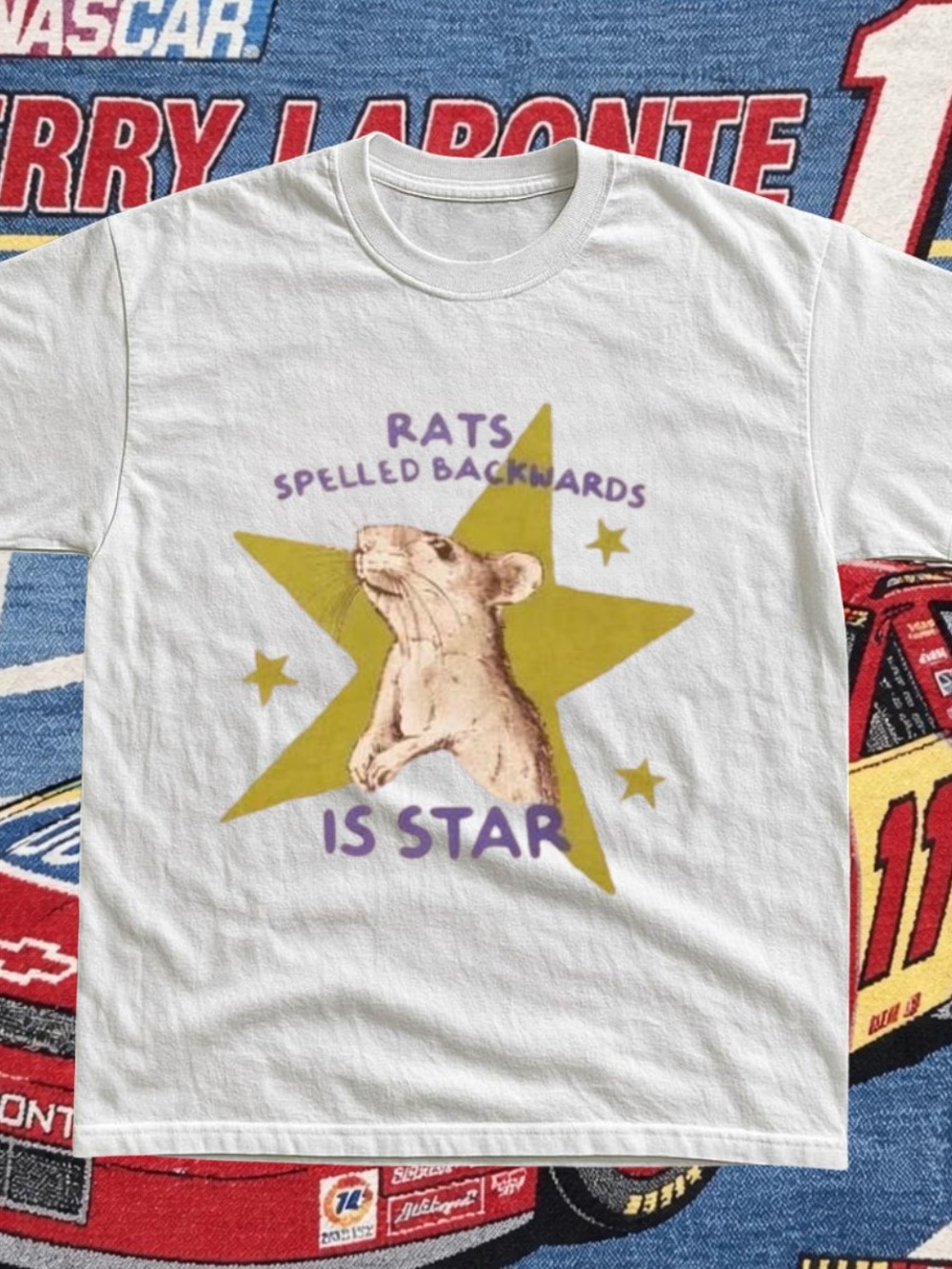 Gildan White Graphic Tee with Purple Text and Gold Star